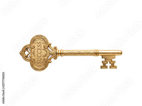 Ornate Golden Skeleton Key to Success Isolated on White Background