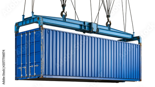 Bild auf Leinwand Blue shipping container lifted by crane spreader