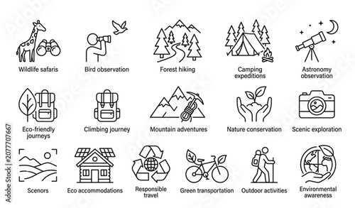 Cuadro en lienzo Sustainable Travel and Eco Adventure Outline Icon Collection for Nature Tourism