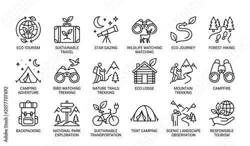 Foto Eco Tourism and Sustainable Travel Line Icon Set with Nature Adventure Symbols