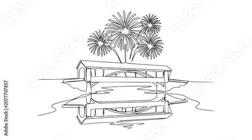 Foto Line Art Drawing of a Covered Bridge with Fireworks Overhead