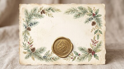 Vintage Christmas Card Frame Botanical Watercolor Border Wax Seal Mockup