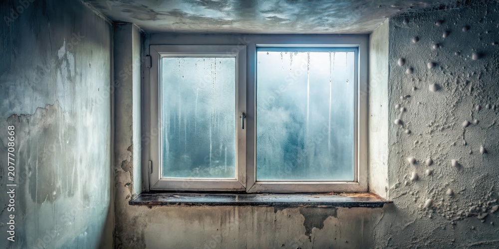 Fototapeta premium A neglected room's solitary window, condensation blurring the view, reveals damp walls and a decaying windowsill.