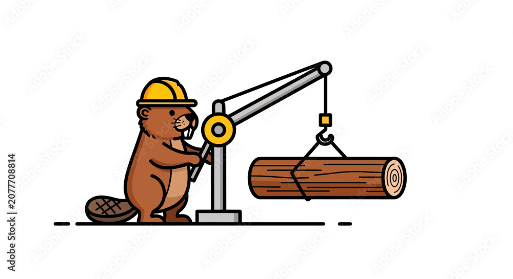 Fototapeta premium Cute beaver construction worker character operating a crane.