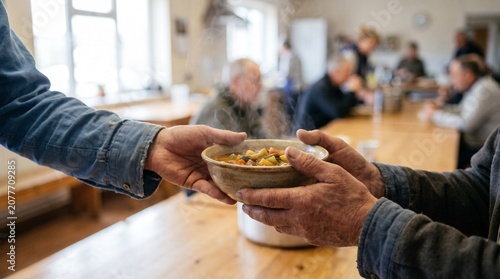A person hands a bowl of food to another person sitting at a long wooden table with several people in the background.