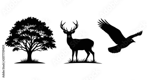 Tree deer and bird silhouettes against a white background silhouette