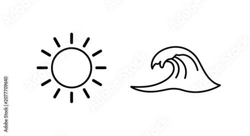 Sun and wave shapes simple black line silhouettes