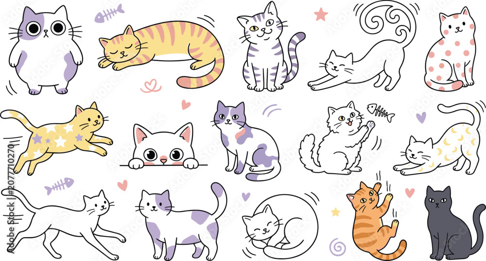 Fototapeta premium Cute cartoon cat collection featuring playful kittens, funny feline poses, adorable pet characters, sleeping cats, stretching cats, and kawaii animal illustrations