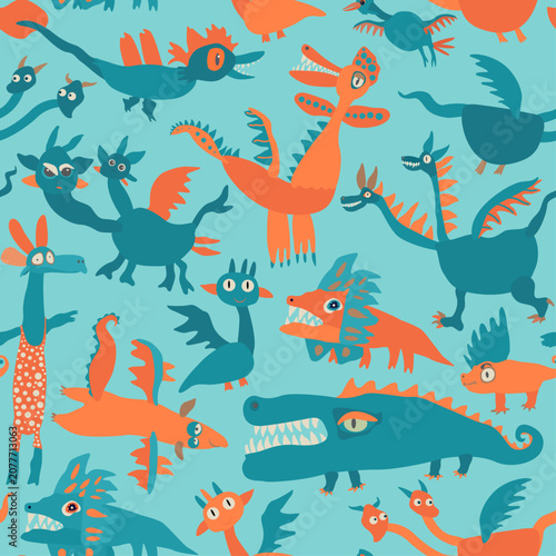 Billede på lærred Hand drawn vector fairy tale Dragons and monsters
