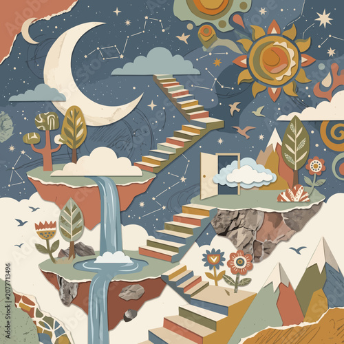 Whimsical Surreal Landscape Illustration Featuring Floating Islands with Stairways and Celestial Elements