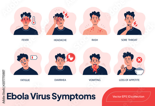 Ebola Virus Symptoms. Flat vector infographic showing common Ebola virus symptoms, including fever, headache, sore throat, rash, fatigue, diarrhea, vomiting and loss of appetite. Medical healthcare il