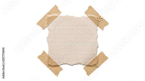 A torn piece of paper is taped to a surface with brown tape.