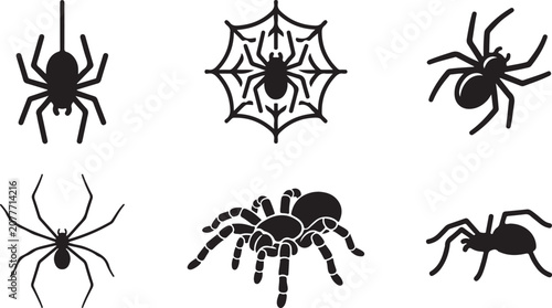 Foto Black spiders and tarantula with spider web illustration set Vector