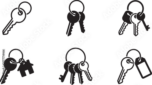 Foto Set of six different keychain keys with ring icons Vector
