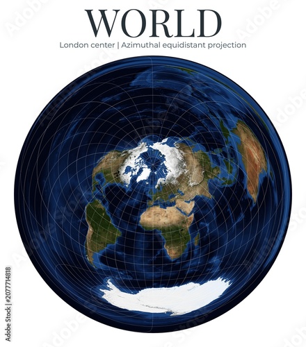 World Map. Azimuthal equidistant projection centered on London. True distances from center. April View. Elements of this image furnished by NASA.