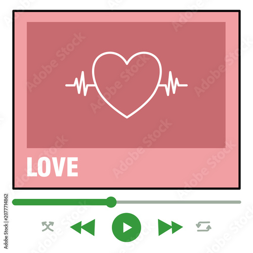 Modern flat vector illustration featuring a digital music player interface with a heart shaped icon connected to a heartbeat waveform, symbolizing love, romance, emotion, and music. 