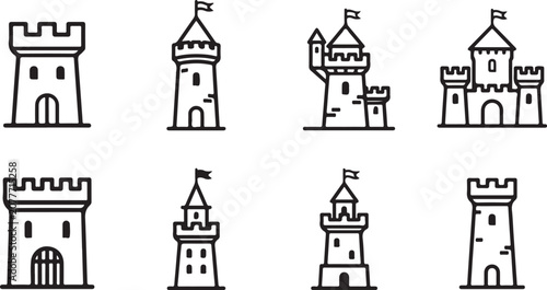 Tableau sur toile Set of eight different medieval castle illustrations with flags Vector