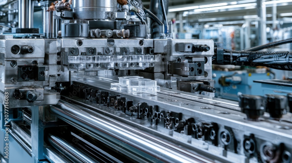 Fototapeta premium Macro shot of an industrial plastic injection molding machine releasing a newly formed precision component, clean lighting.