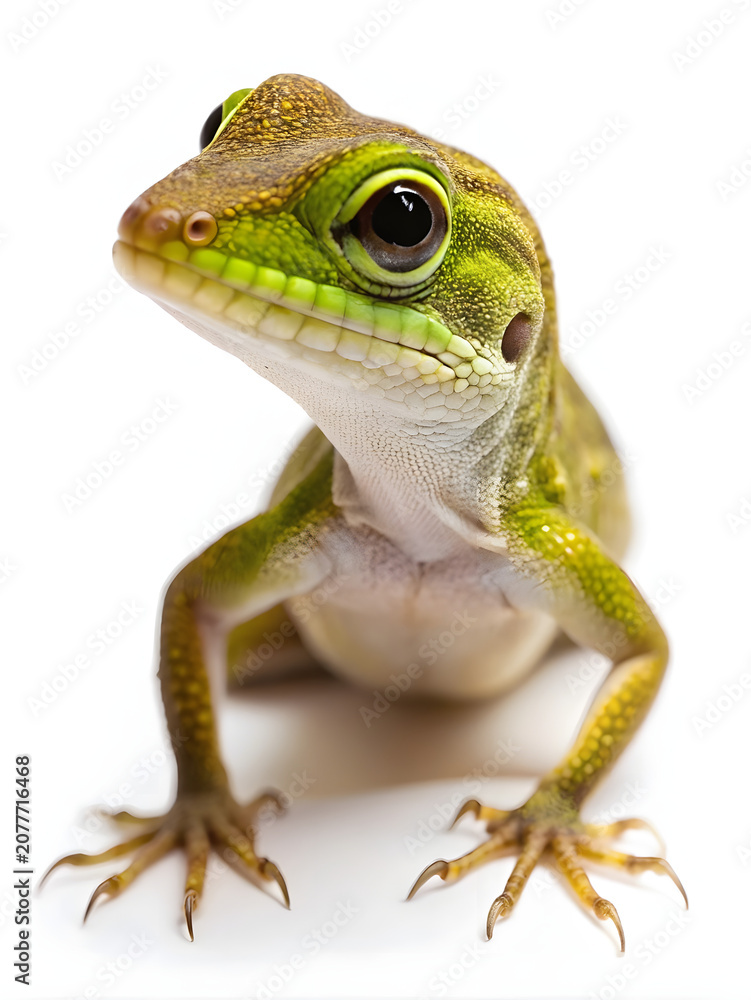 Fototapeta premium Close up portrait of bright green baby anole lizard sitting on white isolated background