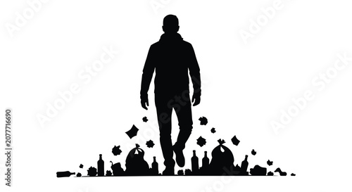 Fotografie Man Walking Amidst Debris Black Silhouette Against White Background male