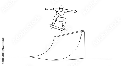 Obraz na plátně Skateboarder mid-air jump over ramp, single line drawing, action sport, minimali