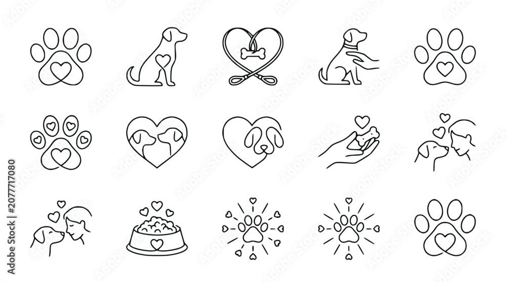 Fototapeta premium Dog Love Icons: Paw Prints, Hearts, Pets, and Care - Line Art Collection