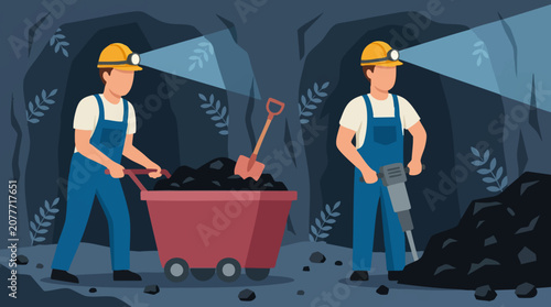 Photos Miners working in a dark coal mine, pushing cart and using a jackhammer
