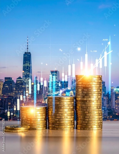 Finanzinvestition mit Stadtlichtern, Münzen und Krypto-Chart