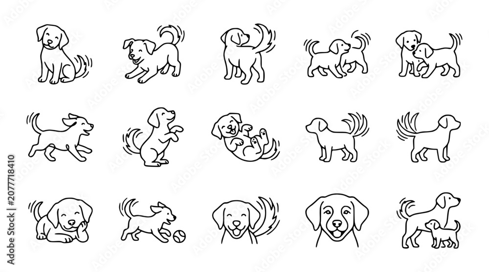 Obraz premium Cute Puppy Dog Line Art Icon Set: Playful Pups in Various Poses