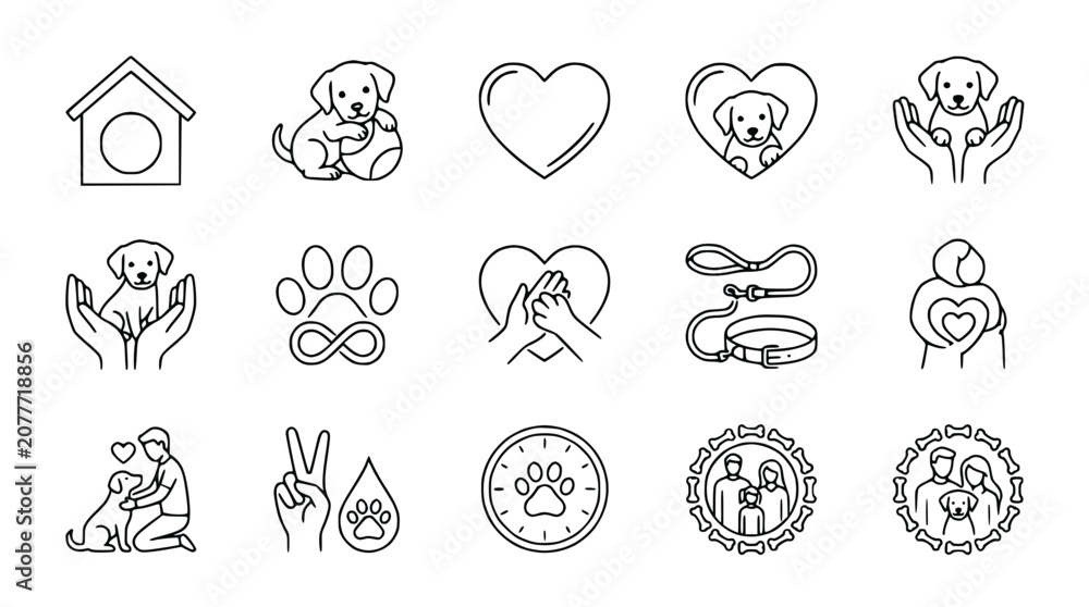 Fototapeta premium Dog Care Icons: Love, Adoption, Companionship, and Pet Wellness Collection