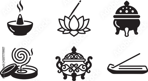 Foto Six traditional spiritual ritual icons with incense and lotus symbols Vector