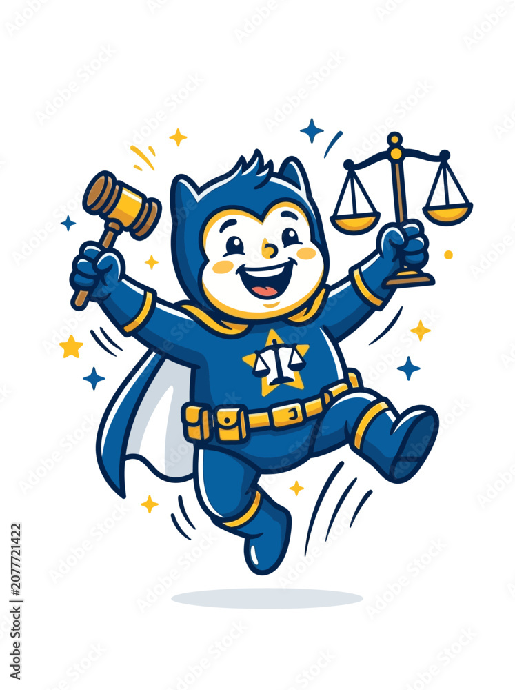 Obraz premium Cheerful Cartoon Superhero Lawyer Mascot with Gavel and Scales of Justice