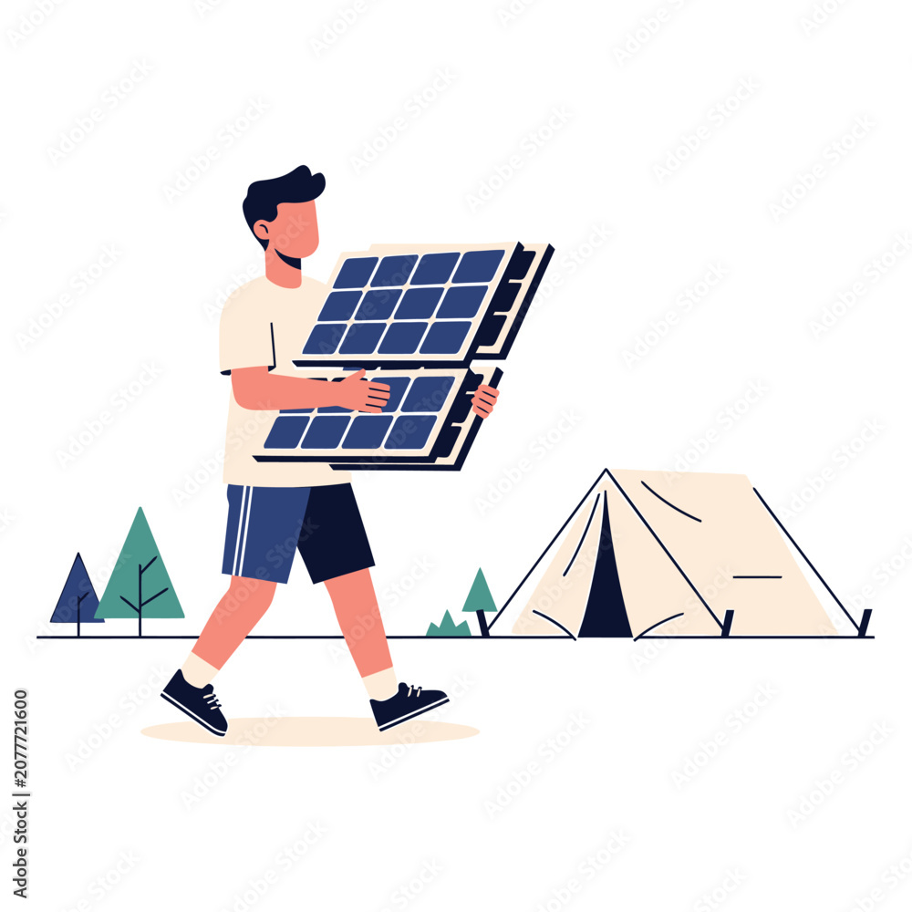 Fototapeta premium Man Carrying Solar Panels near Tent in Nature