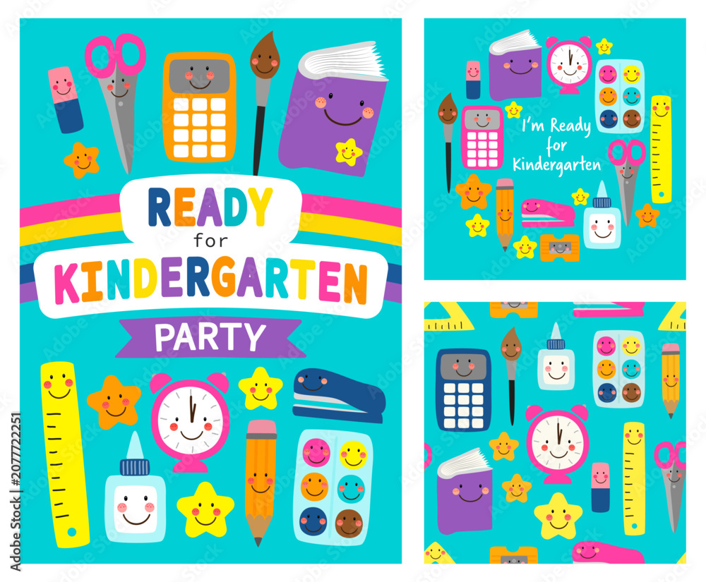 Fototapeta premium Ready for Kindergarten Party Invitation Set with Cute School Supplies and Seamless Pattern