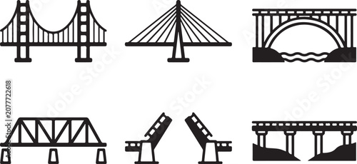 Schilderij op canvas Six different types of bridge icons in simple black and white vector style Vecto