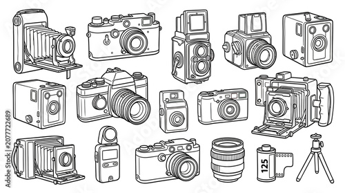 Slika na platnu Vintage Camera Collection - Retro Photography Equipment Drawing