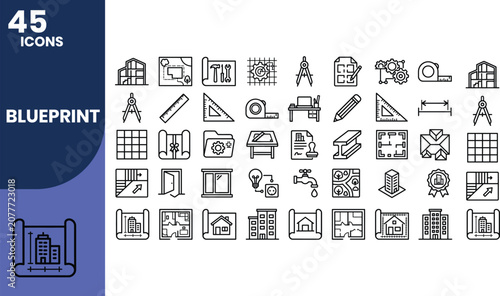 Professional blueprint line icon set featuring architectural drawings, floor plans, CAD files, drafting tools, construction plans, engineering symbols, and building design outline icons