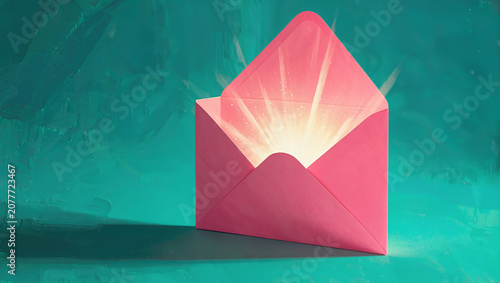 Shining Light from Pink Envelope on Teal Background