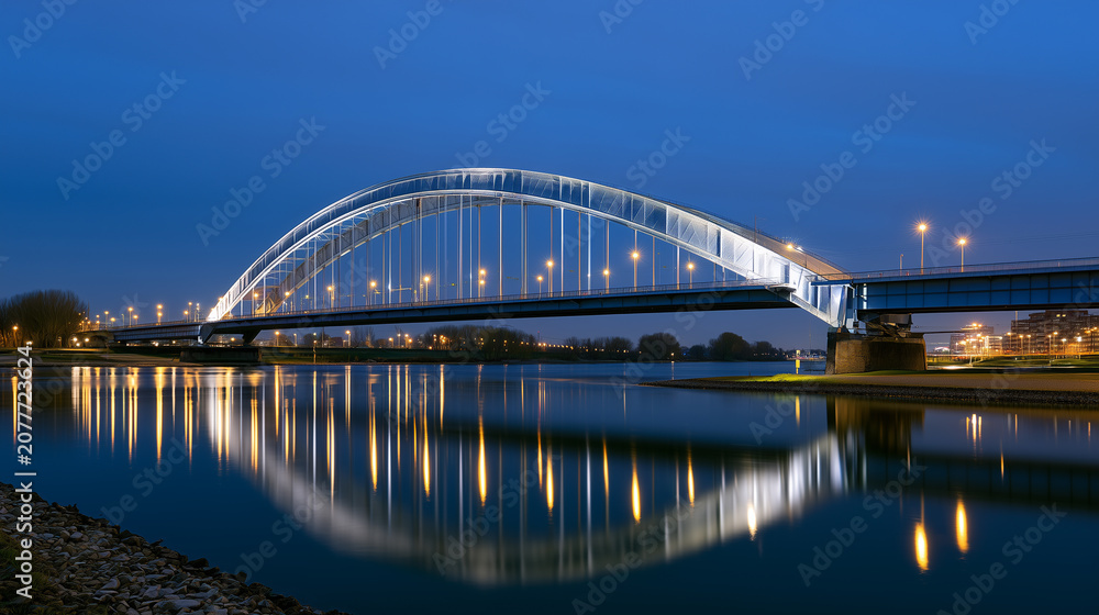 Fototapeta premium Illuminated arch bridge reflecting on calm river at blue hour cityscape with night lights 