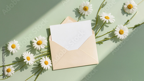 Spring Mockup: White Card in Beige Envelope with Daisies & Sunlight on Green Background