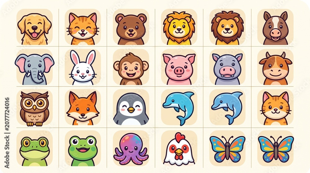 Obraz premium Animal Emoji Style Illustrations Collection – Cute Colorful Cartoon Icons for Kids