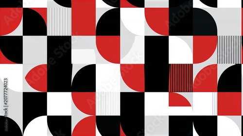 Abstract geometric seamless pattern with black red white shapes.  Modern minimalist repeating design showcasing geometric shapes