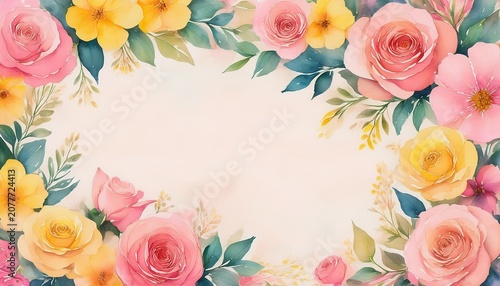 Abstract Watercolor Floral Background With Pink Roses And Yellow Flowers Frame