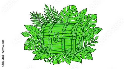 Obraz na plátně Green Treasure Chest Surrounded by Lush Tropical Leaves