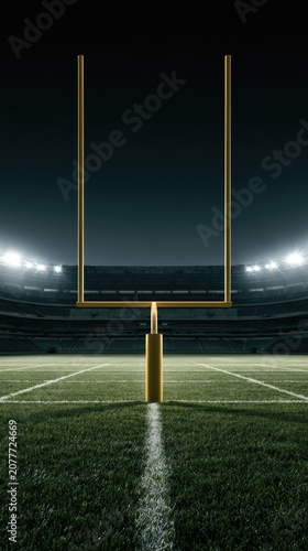 American Football Goal Post on Stadium Field at Night.