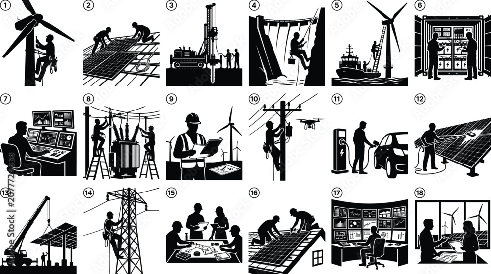 Obraz premium Renewable Energy Operations Silhouette Scene Set Solar Wind Power Infrastructure Vector