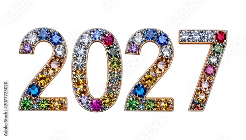 2027 New Year Text Sign Made of Luxury Diamonds and Colorful Gemstones
