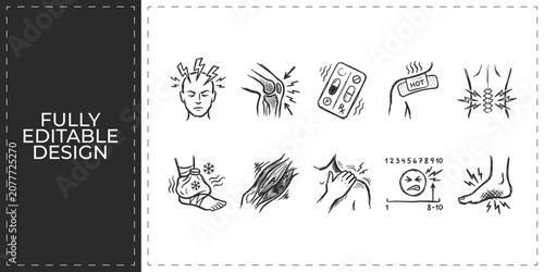 Foto Sickness symptoms and headache pain hand drawn doodle icons for medical awarenes