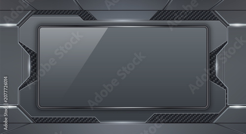 Futuristic dark metallic glossy screen frame. The high tech interface design incorporates carbon fiber textures