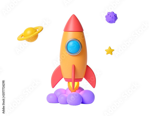 Rocket ship toy launches into outer space surrounded by a small yellow planet, a star, and purple clouds.